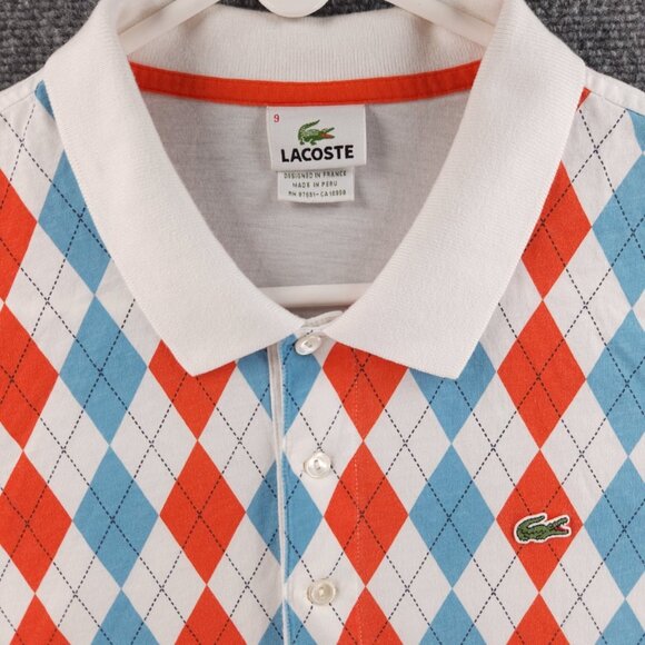 Lacoste Polo Shirt Diamond Print Orange Blue White Size 9 Cotton Peru Men - Picture 1 of 16
